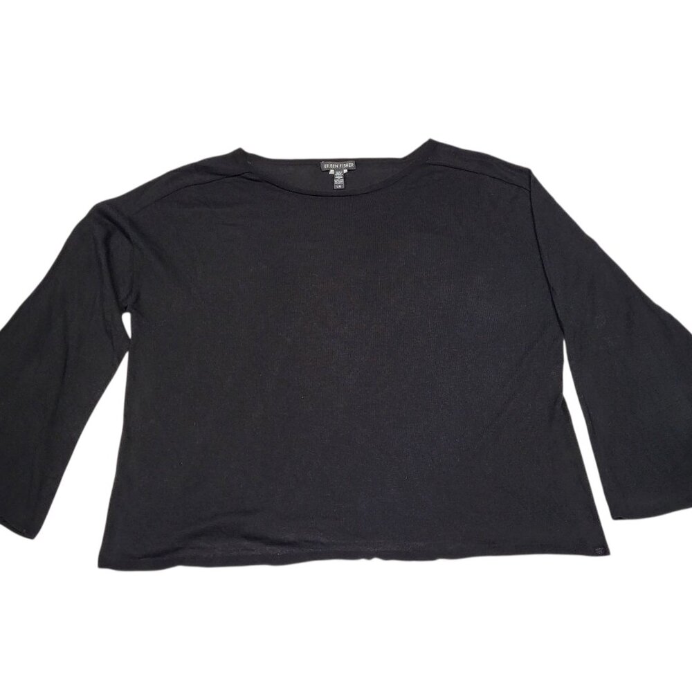 Eileen Fisher Black Ribbed 3/4 Sleeve Pullover Sweater Womens Large Lightweight